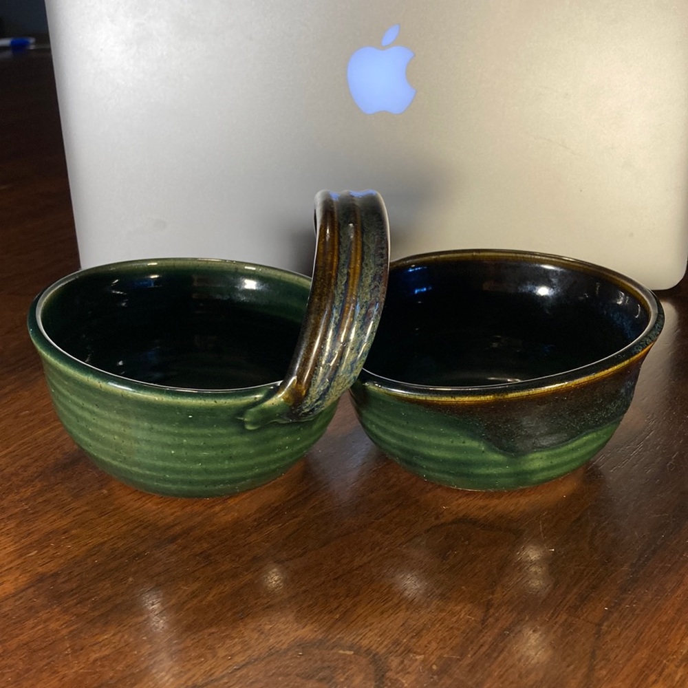 Vintage Garnett Signed Handmade Drip Glaze Brown and Green Double Bowl Rare